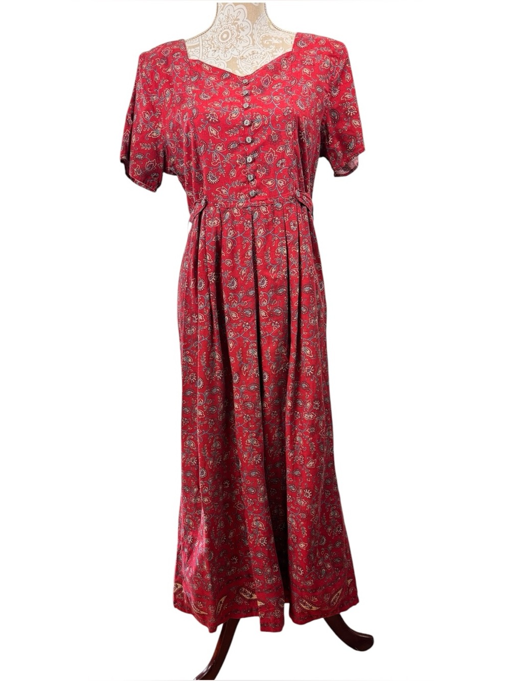Vintage 90s Floral Midi Dress Size Large Red Tie Back Short Sleeve Erika Grunge